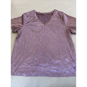 Copper Satin Blouse Size L Short Sleeve Top V Neck
